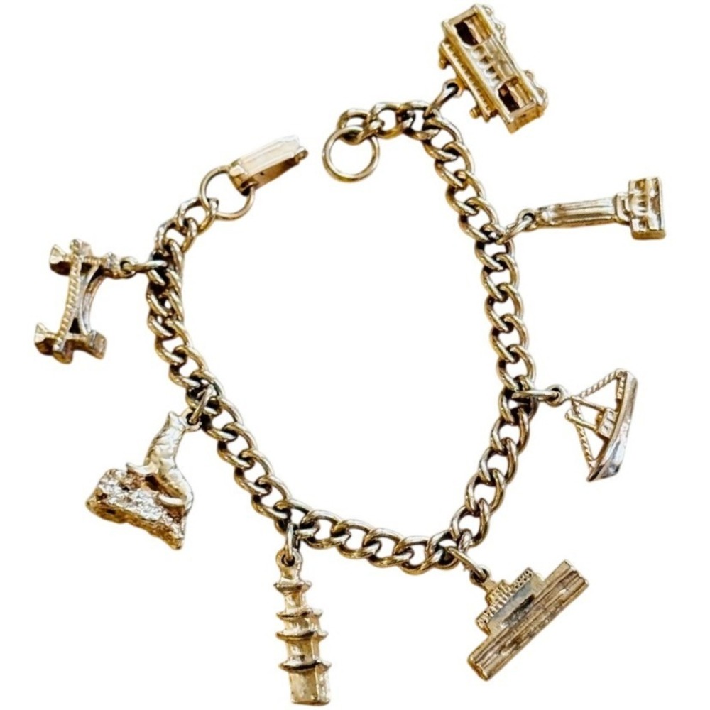 San Francisco trolly Seal Bridge Charm Bracelet VTG Retro gold souvenir rare 7"